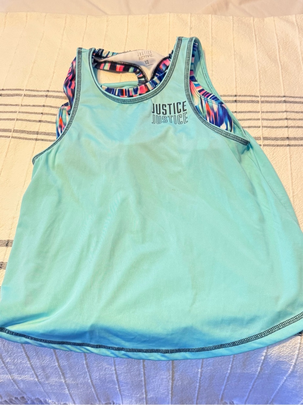 Justice Girls Size 12 Aqua Racerback Tank with Printed Built-In Bra